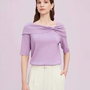 Lilac Off-Shoulder Mid Sleeve Knot-Detail Blouse with Crystal & Pearl Deco